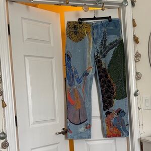 Artistic Blue Jeans with Colorful Print